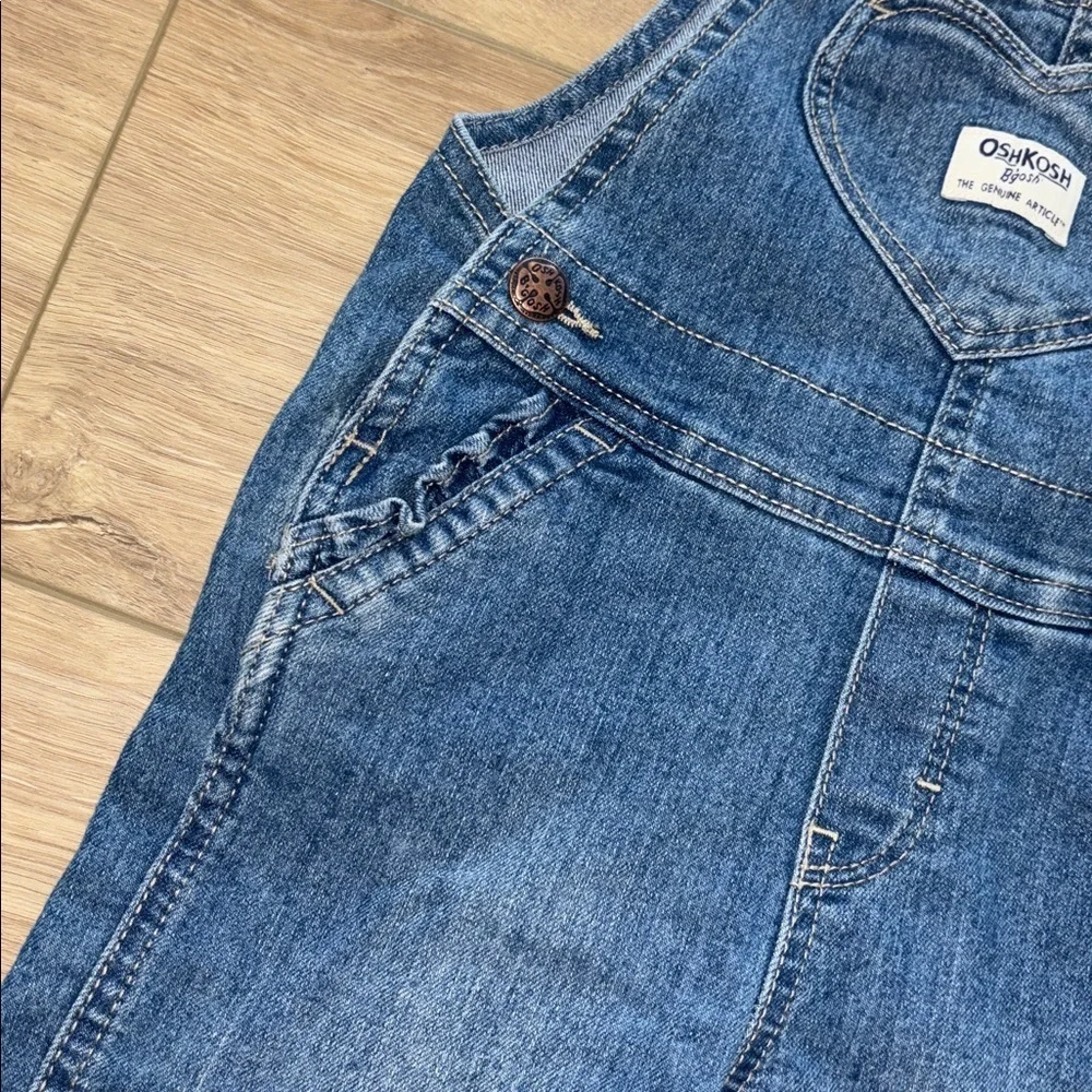 OshKosh B'gosh Denim Bib Overall Girls 2T denim with heart accent ruffle pocket